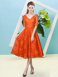 Glorious Orange Red V-neck Neckline Bowknot Quinceanera Court Dresses Half Sleeves Lace Up