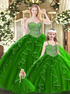 Sexy Sleeveless Tulle Floor Length Lace Up Vestidos de Quinceanera in Green with Beading and Ruffles