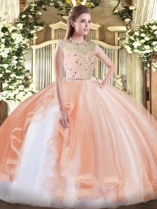 Eye-catching Peach Zipper 15th Birthday Dress Beading and Ruffles Sleeveless Floor Length