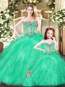 Turquoise Tulle Lace Up 15th Birthday Dress Sleeveless Floor Length Beading and Ruffles