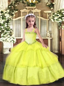 Yellow Lace Up Straps Appliques and Ruffled Layers Child Pageant Dress Organza Sleeveless
