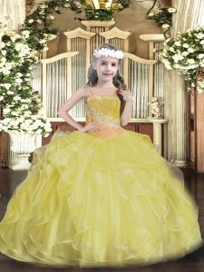 Gold Kids Formal Wear Party and Sweet 16 and Quinceanera and Wedding Party with Beading and Ruffles Straps Sleeveless Lace Up
