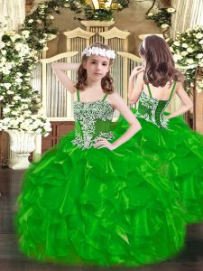 Green Ball Gowns Organza Straps Sleeveless Appliques and Ruffles Floor Length Lace Up Little Girl Pageant Dress