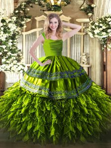Free and Easy Sleeveless Floor Length Beading and Lace and Ruffles Zipper Quinceanera Gowns with Olive Green