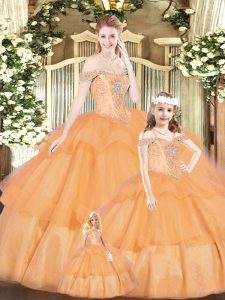 Hot Sale Floor Length Orange Red Sweet 16 Dresses Tulle Sleeveless Beading
