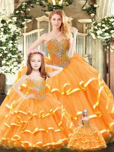 Simple Orange Red Ball Gowns Beading and Ruffled Layers Sweet 16 Quinceanera Dress Lace Up Tulle Sleeveless Floor Length