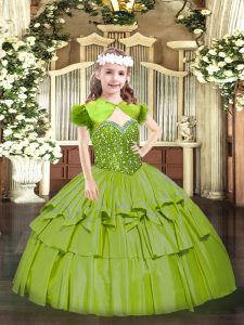 Olive Green Sleeveless Organza Lace Up Little Girls Pageant Dress for Party and Quinceanera