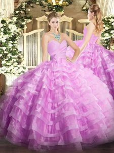 Best Floor Length Lilac Sweet 16 Dresses Organza Sleeveless Beading and Ruffled Layers