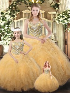 High Quality Sweetheart Sleeveless Sweet 16 Quinceanera Dress Floor Length Beading and Ruffles Champagne Organza