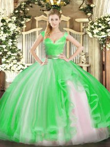 Glorious Green Ball Gowns V-neck Sleeveless Tulle Floor Length Zipper Beading and Ruffles Quince Ball Gowns