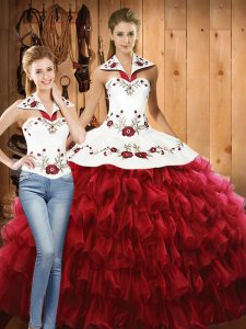 Simple Red Sleeveless Embroidery and Ruffled Layers Floor Length Sweet 16 Dresses