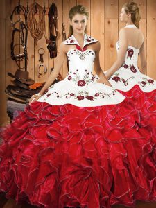 Chic Wine Red Satin and Organza Lace Up 15th Birthday Dress Sleeveless Floor Length Embroidery and Ruffles