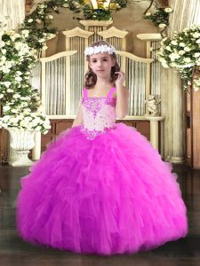 Stunning Beading and Ruffles Little Girls Pageant Gowns Fuchsia Lace Up Sleeveless Floor Length