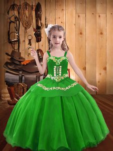 Green Ball Gowns Organza Straps Sleeveless Embroidery Floor Length Lace Up Kids Pageant Dress