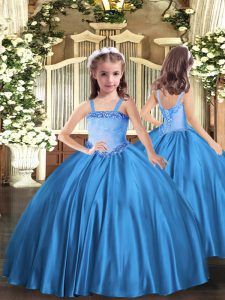 Customized Baby Blue Sleeveless Appliques Floor Length Girls Pageant Dresses