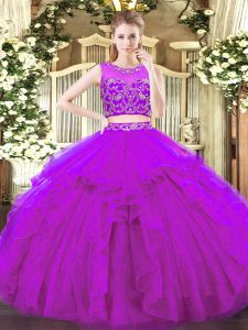 Custom Design Purple Two Pieces Beading and Ruffles Quinceanera Gown Zipper Tulle Sleeveless Floor Length