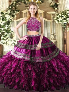 Flirting Sleeveless Tulle Floor Length Zipper Sweet 16 Quinceanera Dress in Fuchsia with Beading and Ruffles