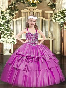 Customized Fuchsia Straps Lace Up Beading and Ruffled Layers Little Girl Pageant Gowns Sleeveless