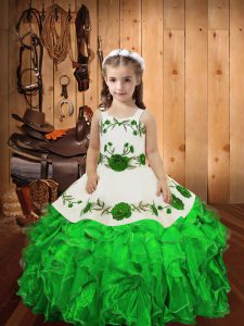 Green Ball Gowns Organza Straps Sleeveless Embroidery and Ruffles Floor Length Lace Up Glitz Pageant Dress