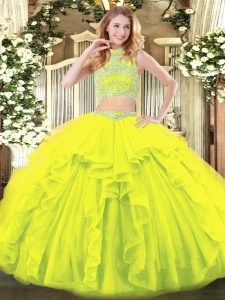 Spectacular High-neck Sleeveless Backless Quinceanera Dress Yellow Green Tulle