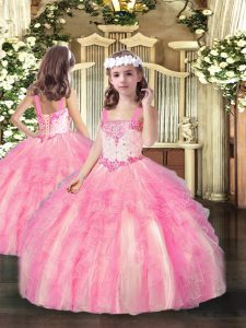 Straps Sleeveless Organza Little Girls Pageant Gowns Beading and Ruffles Lace Up