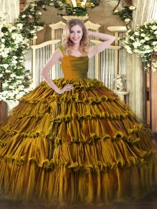 Dazzling Brown Straps Neckline Lace and Ruffled Layers Ball Gown Prom Dress Sleeveless Zipper