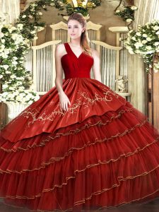 Wine Red Ball Gowns Satin and Organza V-neck Sleeveless Embroidery and Ruffled Layers Floor Length Zipper Quinceanera Dresses