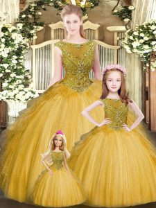 Luxurious Gold Ball Gowns Tulle Scoop Sleeveless Beading and Ruffles Floor Length Lace Up Quinceanera Dress