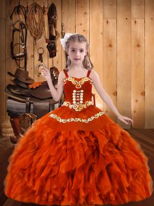 Orange Red Straps Neckline Embroidery and Ruffles Little Girl Pageant Dress Sleeveless Lace Up
