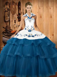 Extravagant Sweep Train Ball Gowns Ball Gown Prom Dress Blue Halter Top Organza Sleeveless Lace Up