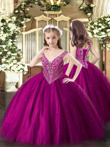 Fantastic Fuchsia V-neck Lace Up Beading Kids Pageant Dress Sleeveless