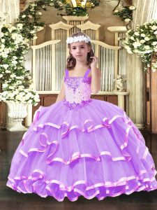 Lilac Straps Lace Up Beading and Ruffled Layers Pageant Dress for Teens Sleeveless