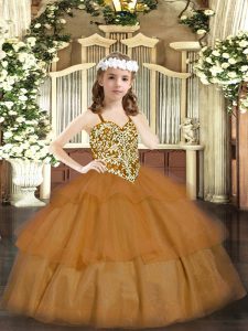 Brown Sleeveless Organza Lace Up Child Pageant Dress for Party and Quinceanera