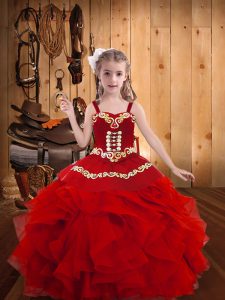 Nice Straps Sleeveless Organza Little Girls Pageant Gowns Embroidery and Ruffles Lace Up