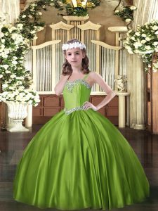 Custom Designed Olive Green Little Girls Pageant Gowns Party and Quinceanera with Beading Straps Sleeveless Lace Up