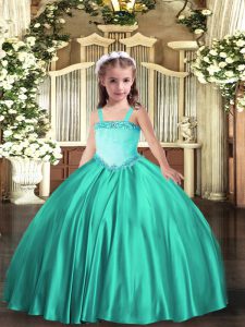 High End Turquoise Ball Gowns Straps Sleeveless Satin Floor Length Lace Up Appliques Little Girl Pageant Dress