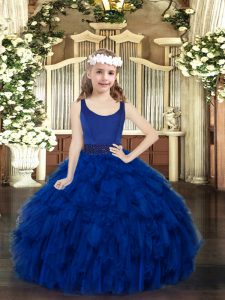 Most Popular Floor Length Zipper Little Girl Pageant Dress Royal Blue for Party with Beading and Ruffles