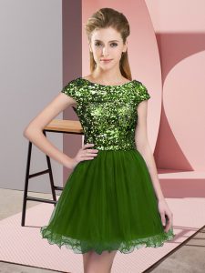 Mini Length Olive Green Quinceanera Dama Dress Tulle Cap Sleeves Sequins