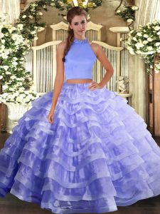 Gorgeous Organza Halter Top Sleeveless Backless Beading and Ruffled Layers Quince Ball Gowns in Lavender