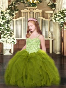 Affordable Olive Green Spaghetti Straps Neckline Appliques and Ruffles Little Girls Pageant Dress Sleeveless Lace Up