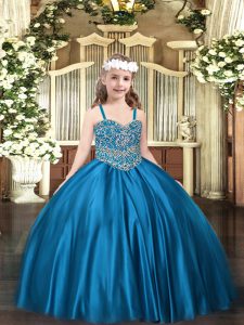Straps Sleeveless Little Girls Pageant Dress Wholesale Floor Length Beading Blue Satin