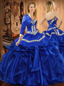Royal Blue Sleeveless Floor Length Embroidery and Ruffles Lace Up 15th Birthday Dress