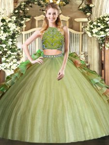 High-neck Sleeveless Tulle Sweet 16 Dresses Beading and Ruffles Zipper