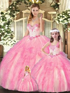 Attractive Baby Pink Organza Lace Up Sweetheart Sleeveless Floor Length Quince Ball Gowns Beading and Ruffles