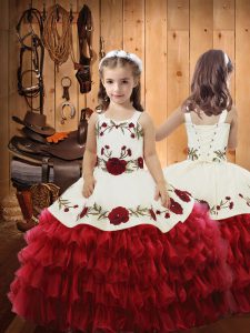 Top Selling Red Organza Lace Up Straps Sleeveless Floor Length Girls Pageant Dresses Ruffled Layers