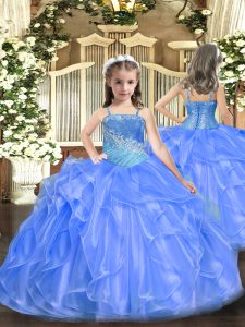 Blue Straps Lace Up Ruffles and Sequins Kids Formal Wear Sleeveless