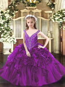 Organza V-neck Sleeveless Lace Up Beading and Ruffles Little Girls Pageant Dress in Purple