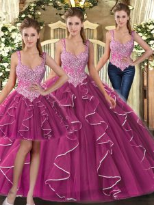 Charming Sleeveless Floor Length Beading and Ruffles Lace Up 15 Quinceanera Dress with Fuchsia