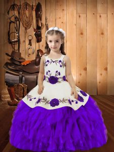 Sleeveless Floor Length Embroidery and Ruffles Lace Up Little Girls Pageant Dress Wholesale with Eggplant Purple