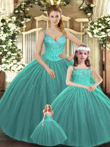 Romantic Turquoise Ball Gowns Straps Sleeveless Tulle Floor Length Lace Up Beading Sweet 16 Dress